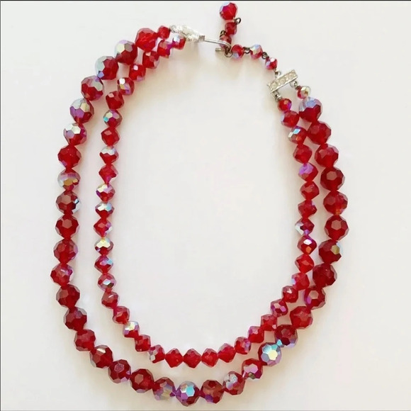 Vintage 1950s Ruby Swarovski Crystal Aurora Borealis Beaded Necklace - Picture 3 of 8